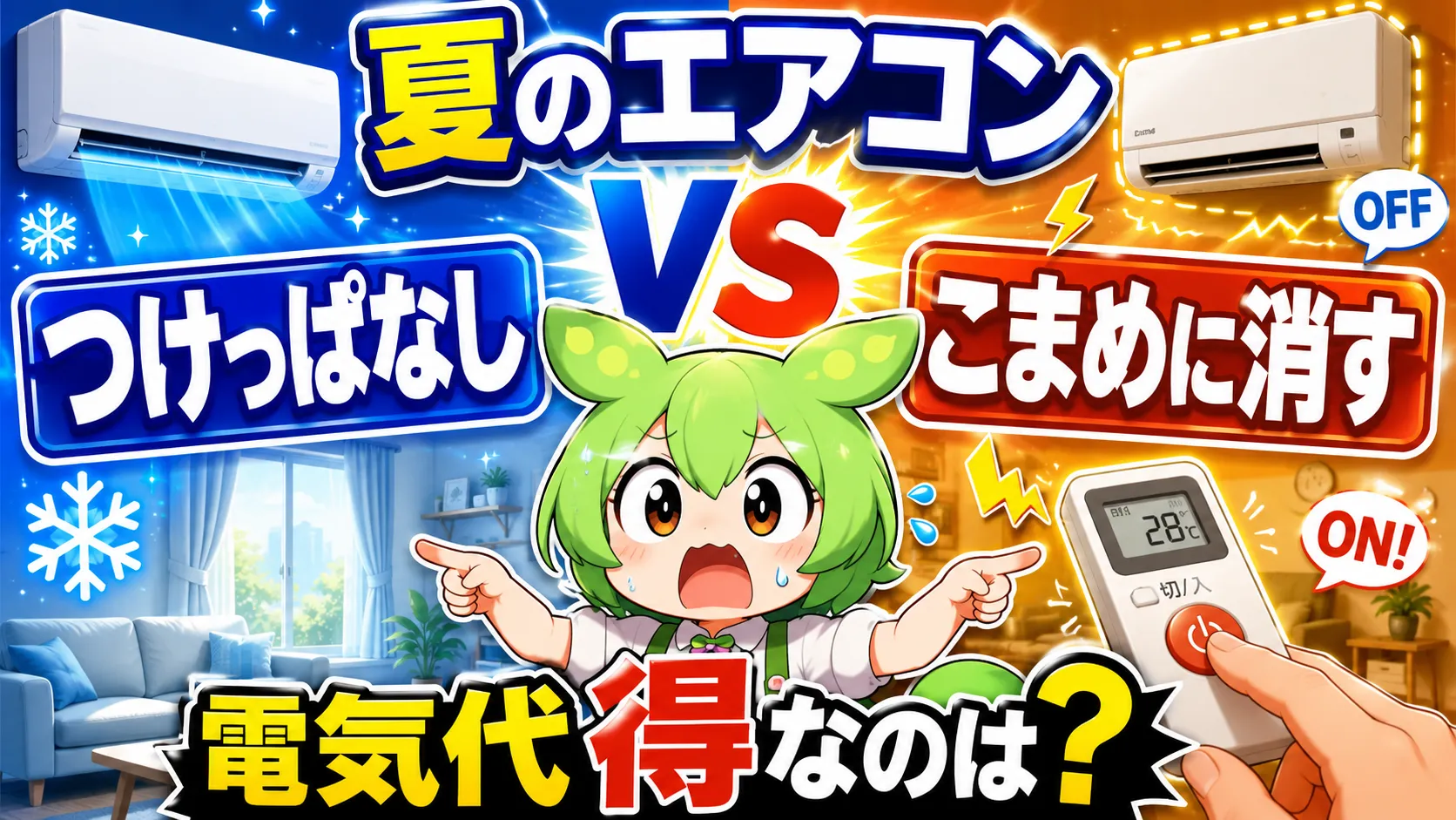 「エアコンつけっぱなしvsこまめに消す、正解はどっち?」|家計試算ラボ【ずんだもん&四国めたん】